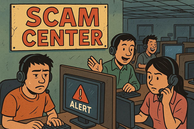 Organized online scam operation using computers and social engineering